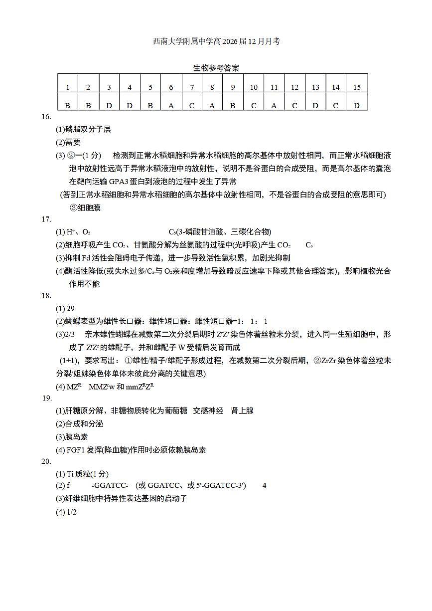 西南大学附属中学校2026届高三上学期12月月考生物答案（图片版）第1页