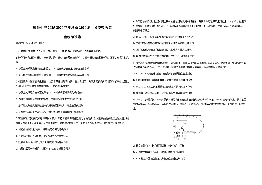 四川省成都市第七中学2026届高三上学期一诊模拟考试生物试卷（Word版附答案）第1页