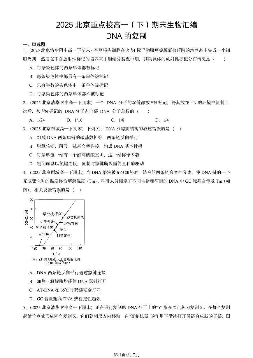 2025北京重点校高一（下）期末生物汇编：DNA的复制第1页