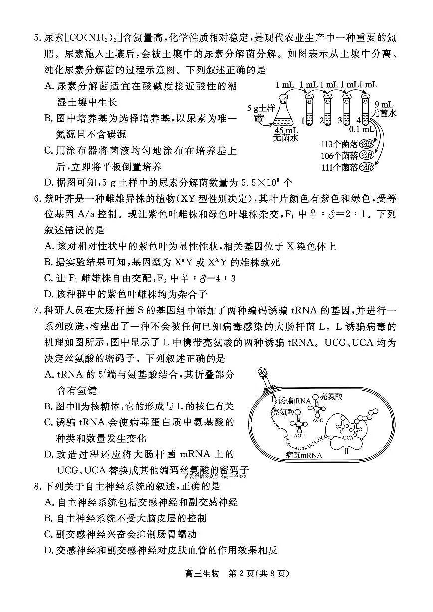 2026届张家口高三上学期期末生物试题及答案第2页