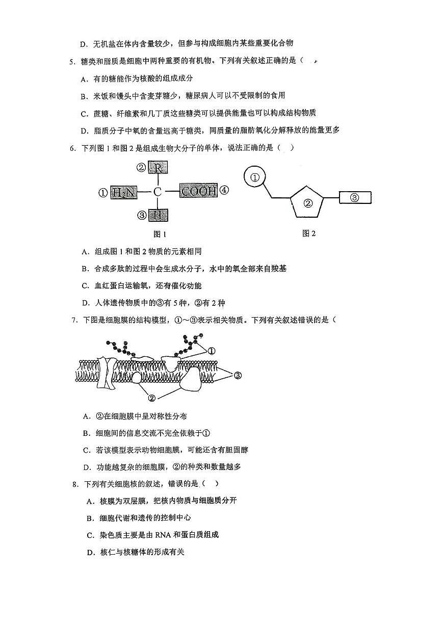 福建省南平市武夷山第二中学2025-2026学年高一上学期1月月考生物试题第2页