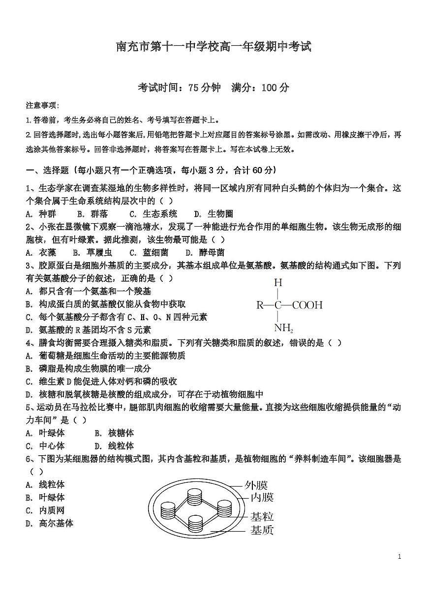 四川省南充市第十一中学2025-2026学年高一上学期期中考试生物试题第1页