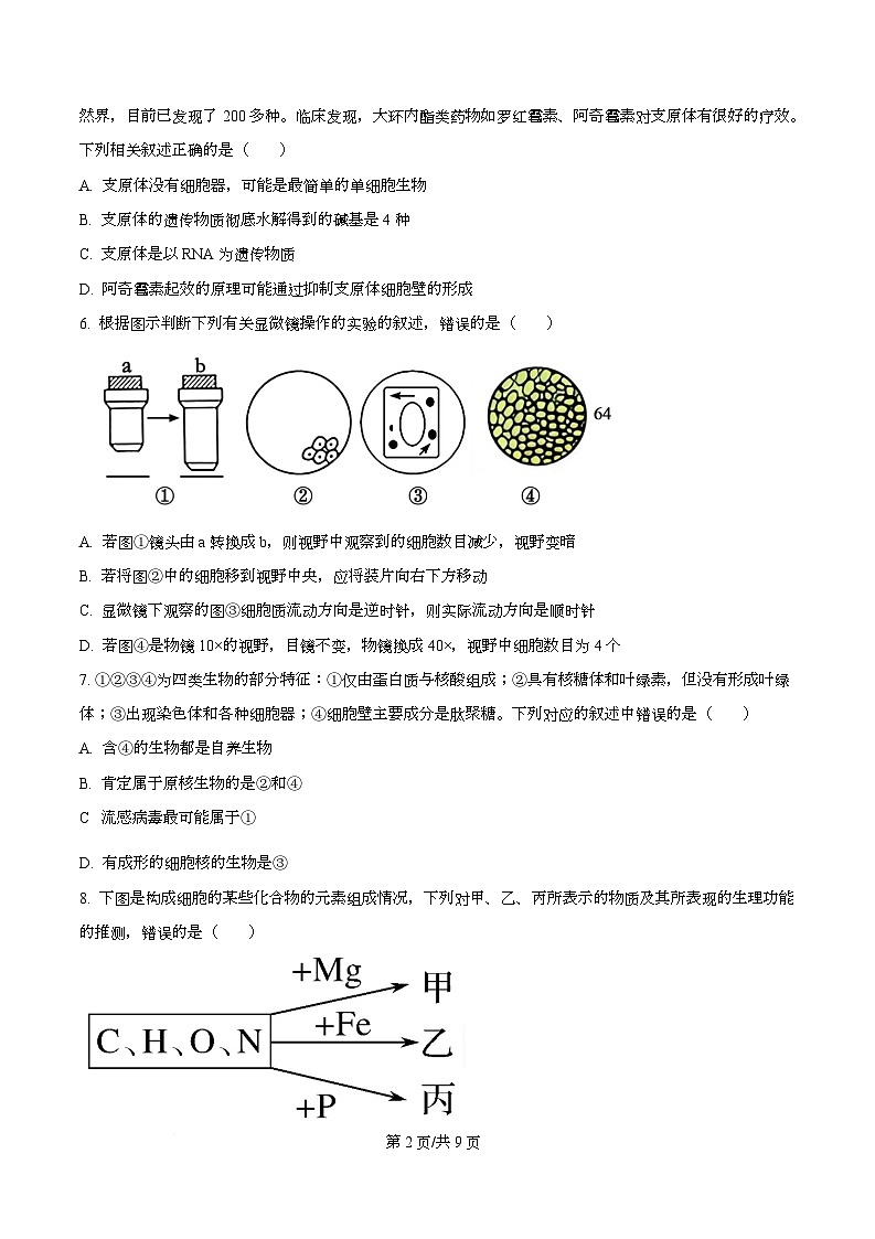 安徽省芜湖市普通高中2024-2025学年高一上学期期中考试生物试题（原卷版）第2页