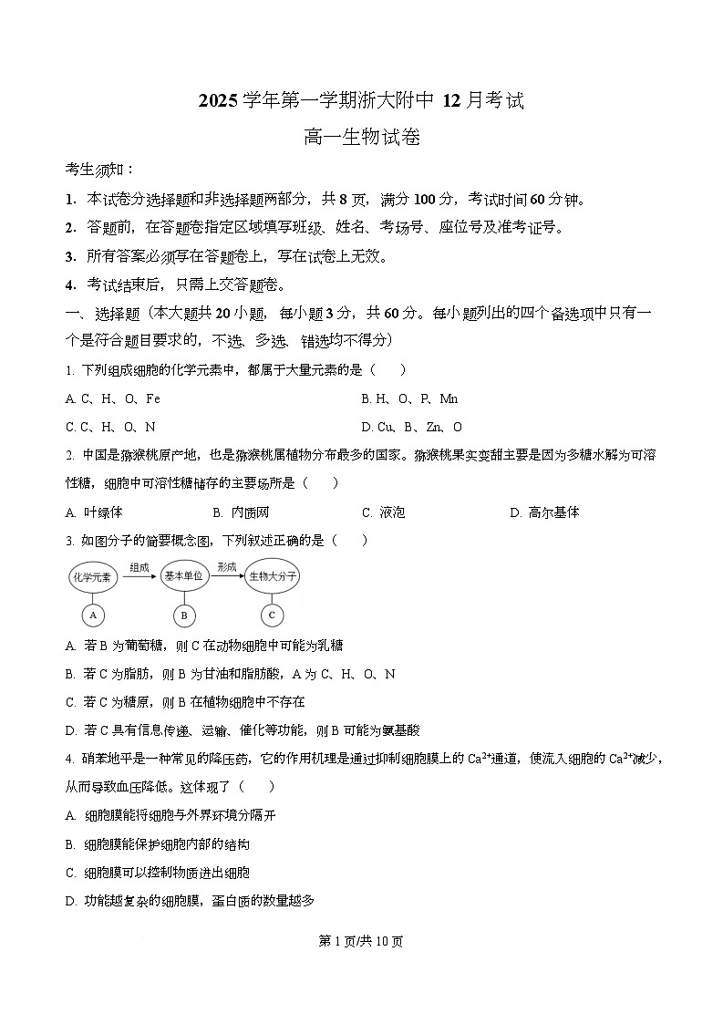 浙江省杭州市西湖区浙江大学附属中学2025-2026学年高一上学期12月月考生物试题（原卷版）第1页