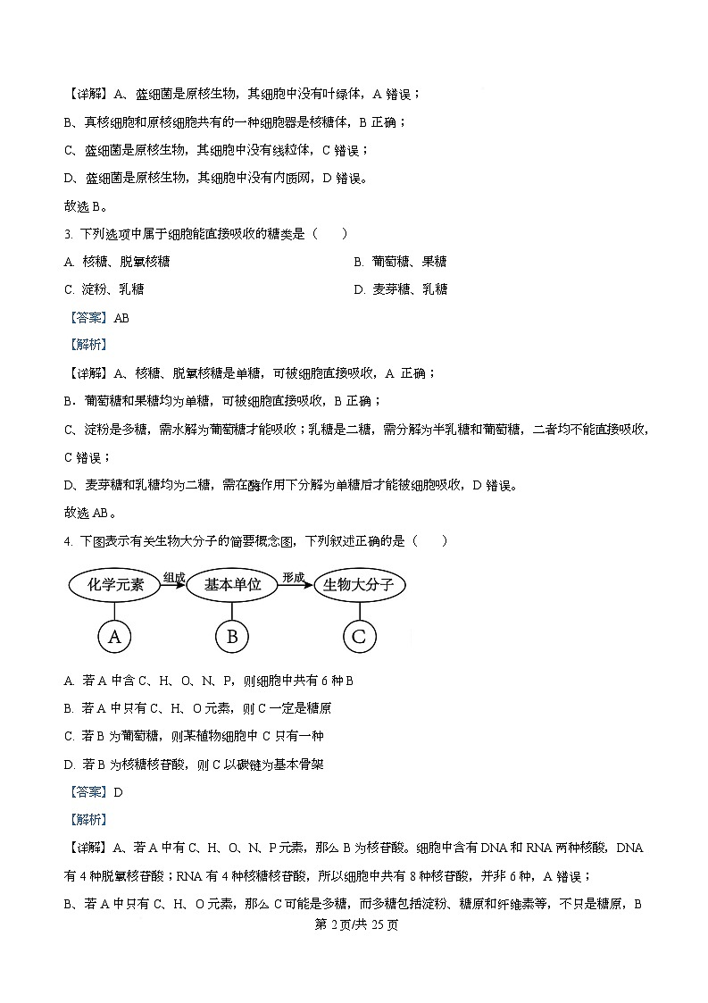 浙江省金华市卓越联盟2025-2026学年高一上学期12月月考生物试题 Word版含解析第2页