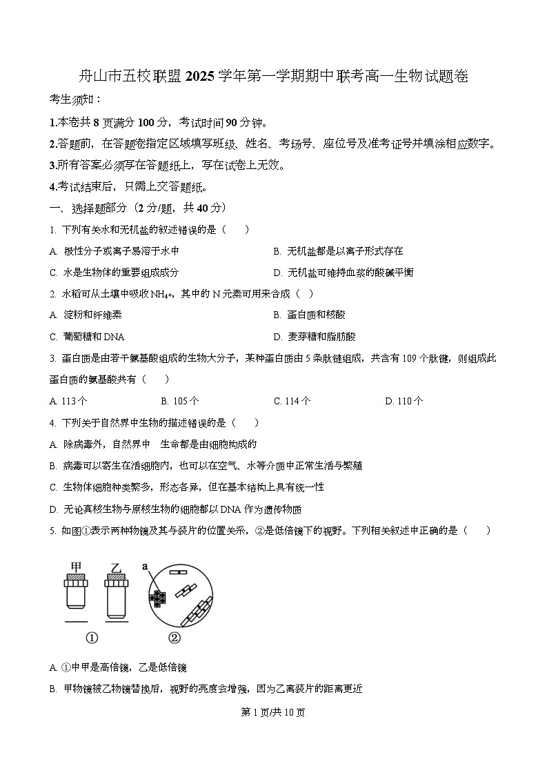 浙江省舟山市五校联考2025-2026学年高一上学期期中考试生物试题（原卷版）第1页