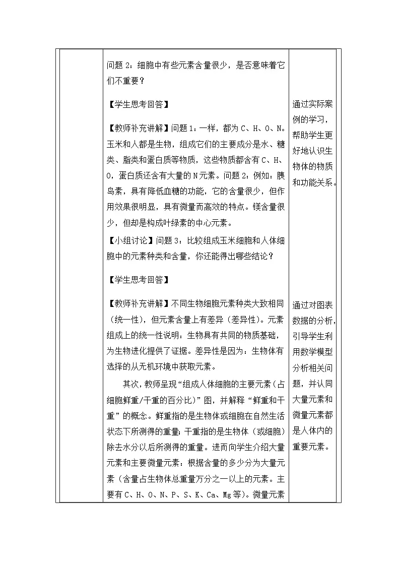 人教版高中生物学 必修1 分子与细胞2.1细胞中的元素和化合物表格式教案第3页