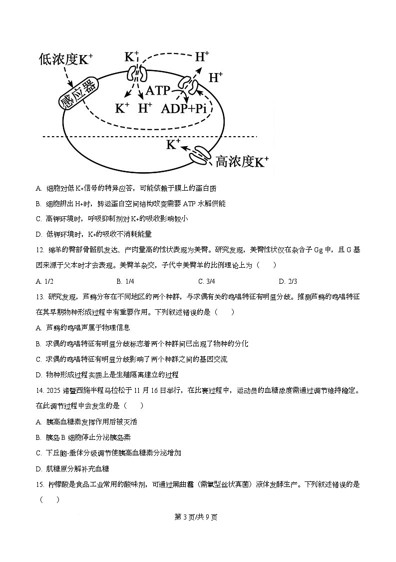 2026届浙江省绍兴市诸暨市高三上学期12月一模生物试题（原卷版）第3页