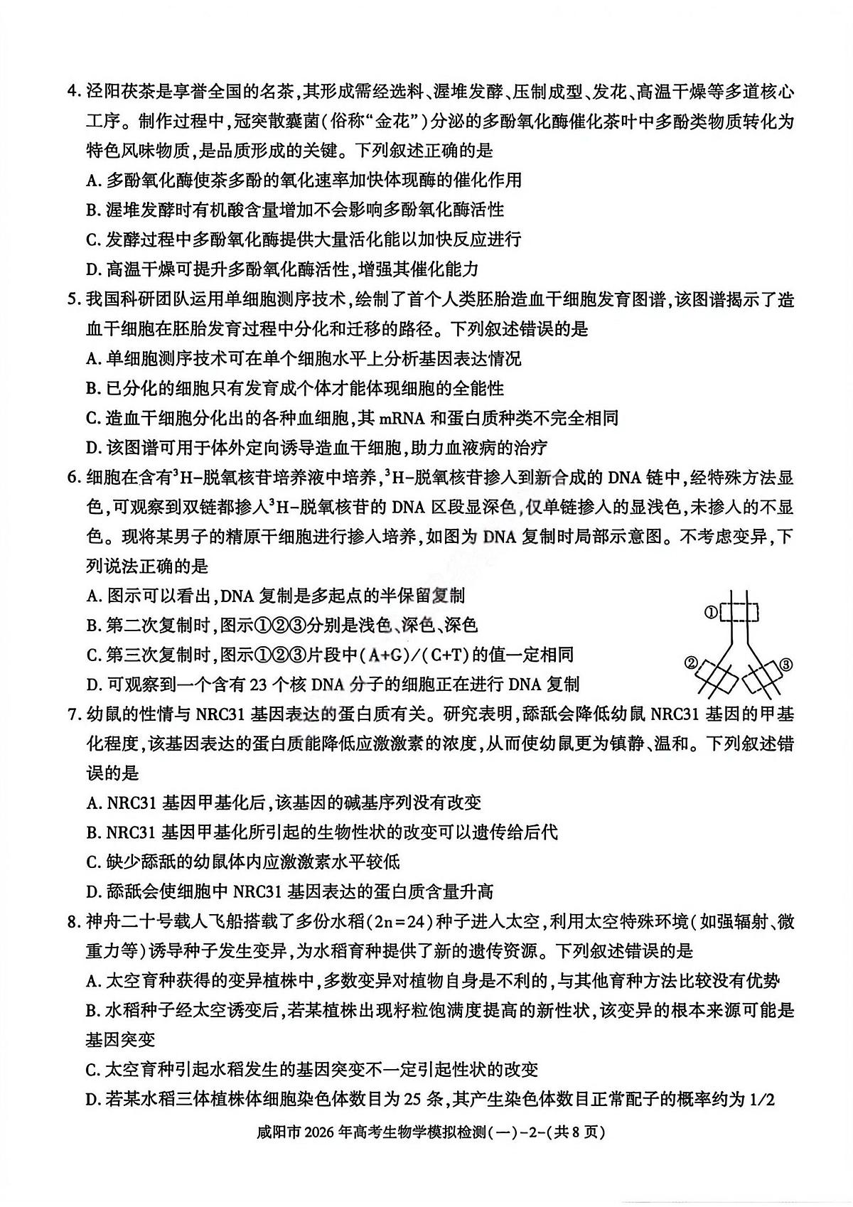 生物-陕西省咸阳市2026年高考模拟检测（一）试卷及答案第2页