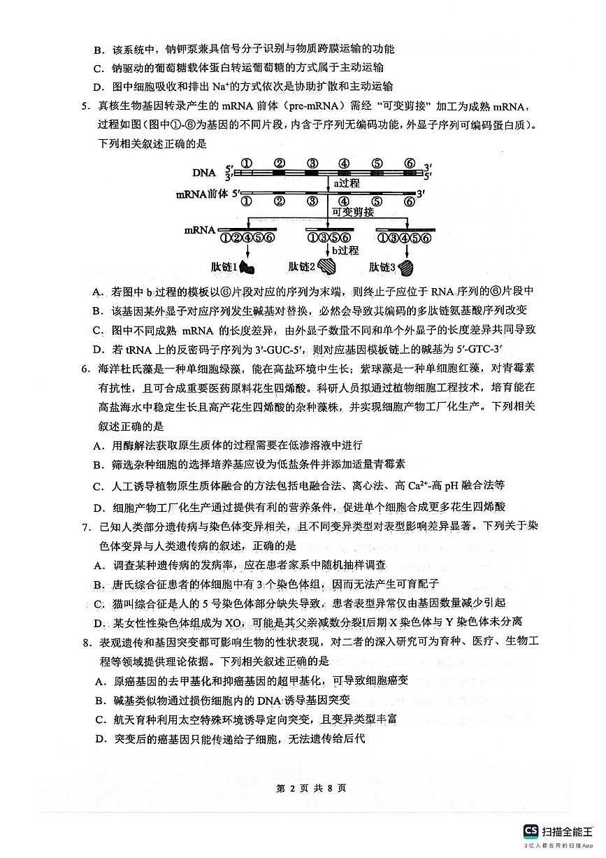生物-四川省绵阳市南山中学2026届高三第五次教学质量检测试卷及答案第2页