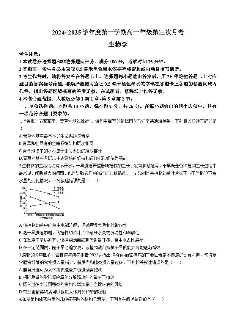 河北省沧州市四县联考2024-2025学年高一上学期11月月考生物试题第1页