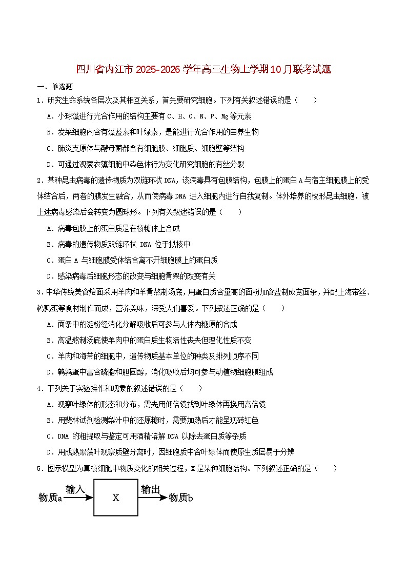 四川省内江市2026届高三生物上学期10月联考试题第1页