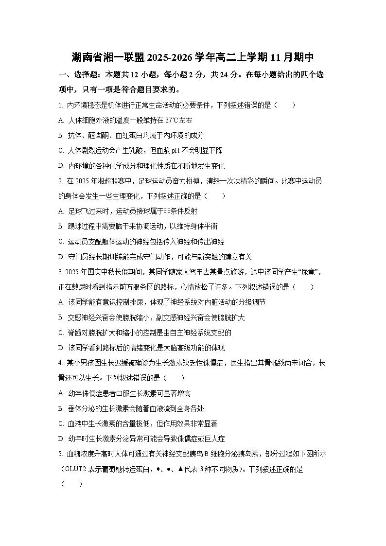 2025-2026学年湖南省湘一联盟高二上学期11月期中生物试卷（学生版）第1页