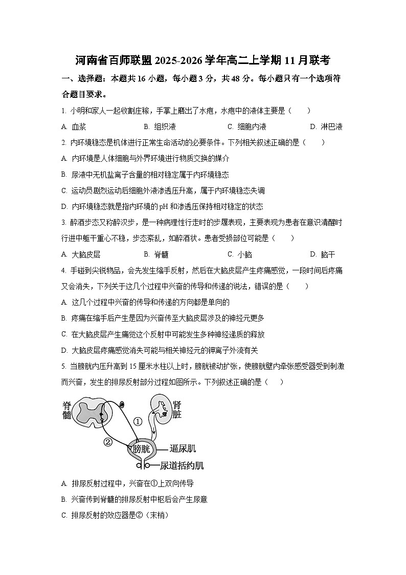 2025-2026学年河南省百师联盟高二上学期11月联考生物试卷（学生版）第1页