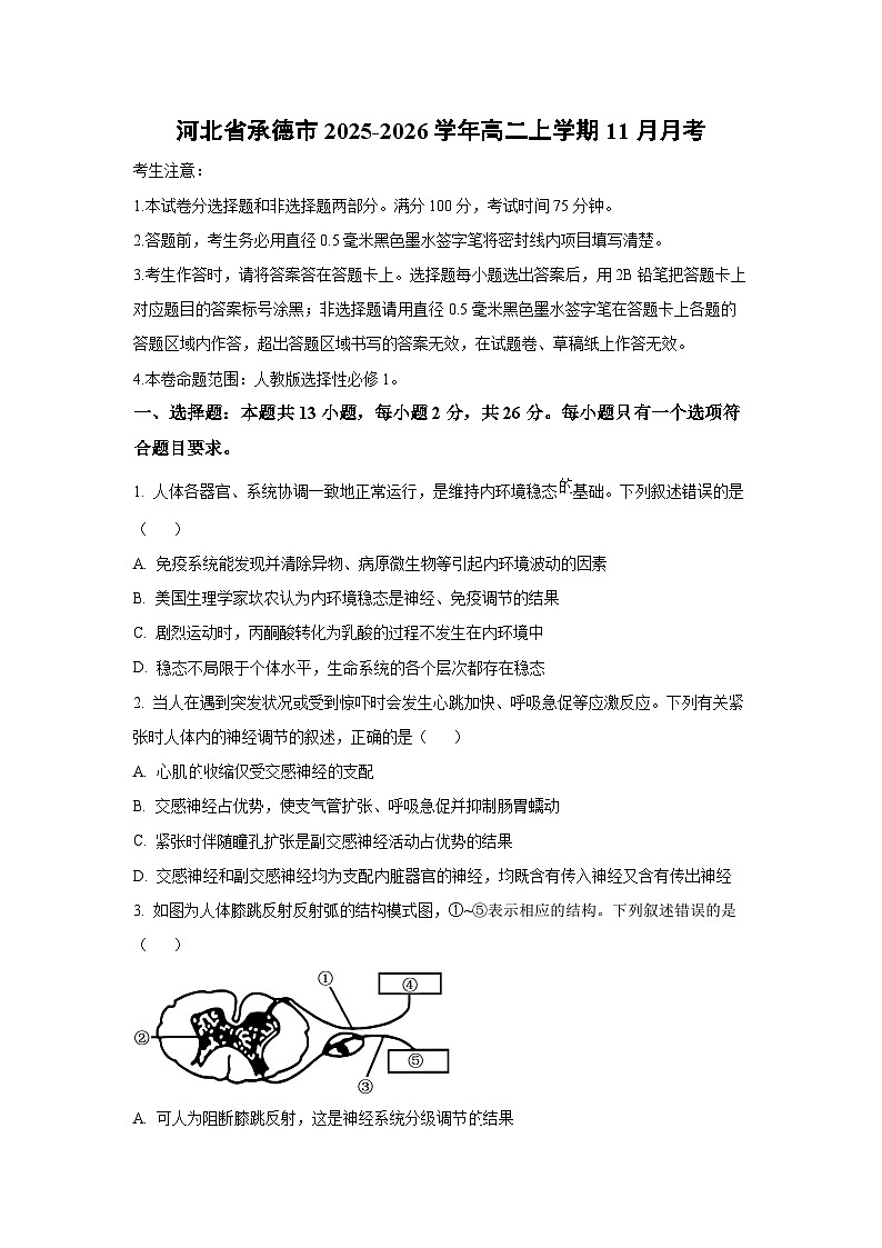 2025-2026学年河北省承德市高二上学期11月月考生物试卷（学生版）第1页