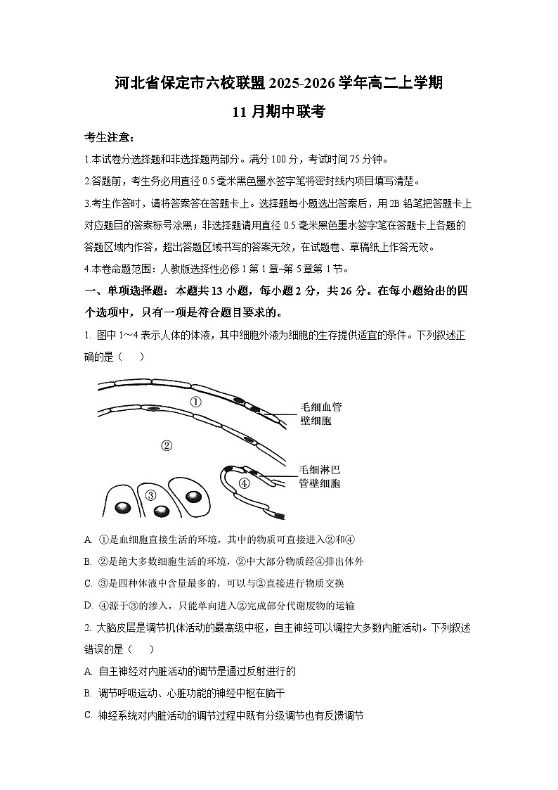 2025-2026学年河北省保定市六校联盟高二上学期11月期中联考生物试卷（学生版）第1页
