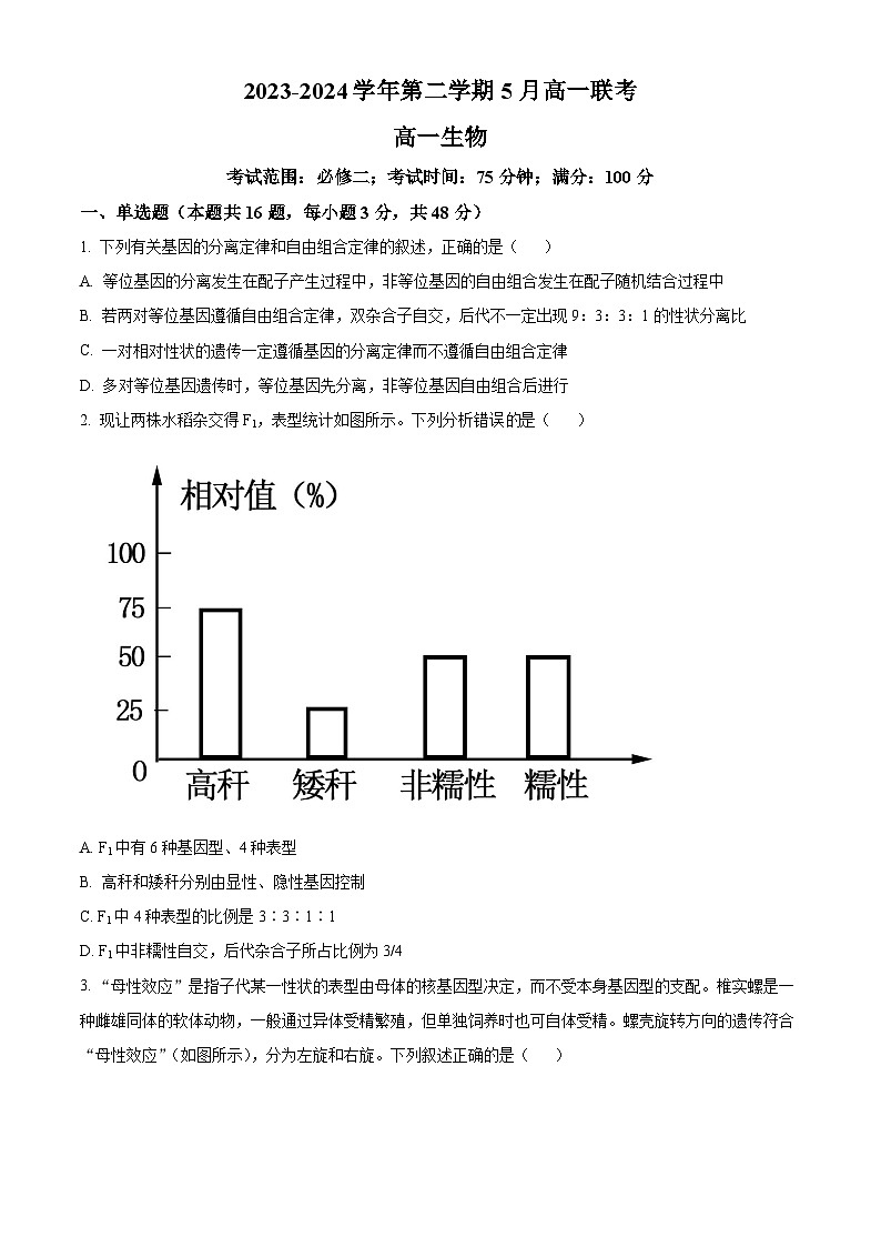 精品解析：河南省商丘市2023-2024学年高一下学期5月联考生物试题（原卷版）第1页