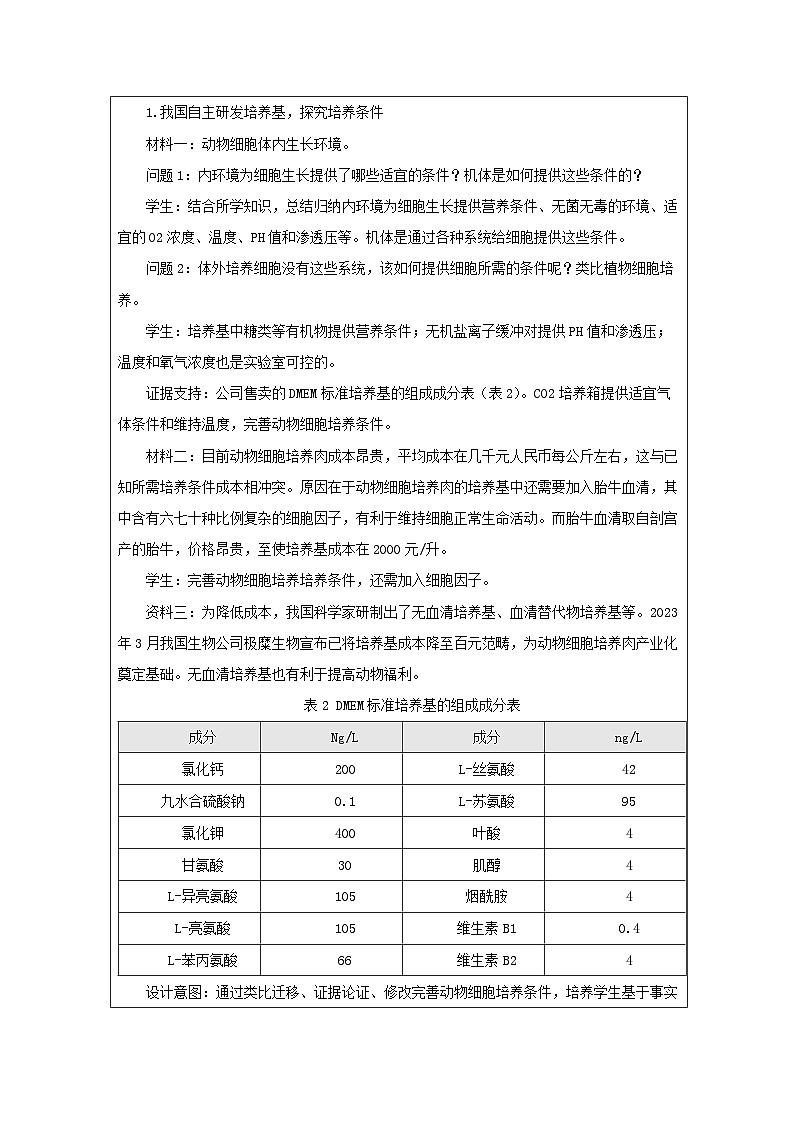 人教版高中生物学 选修3 生物技术与工程2.1动物细胞培养表格式教案第2页