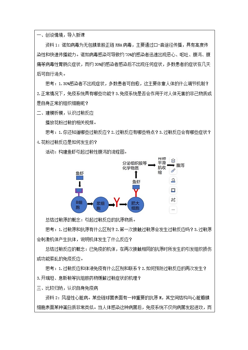 人教版高中生物学 选修1 稳态与调节4.3免疫失调表格式教案第2页