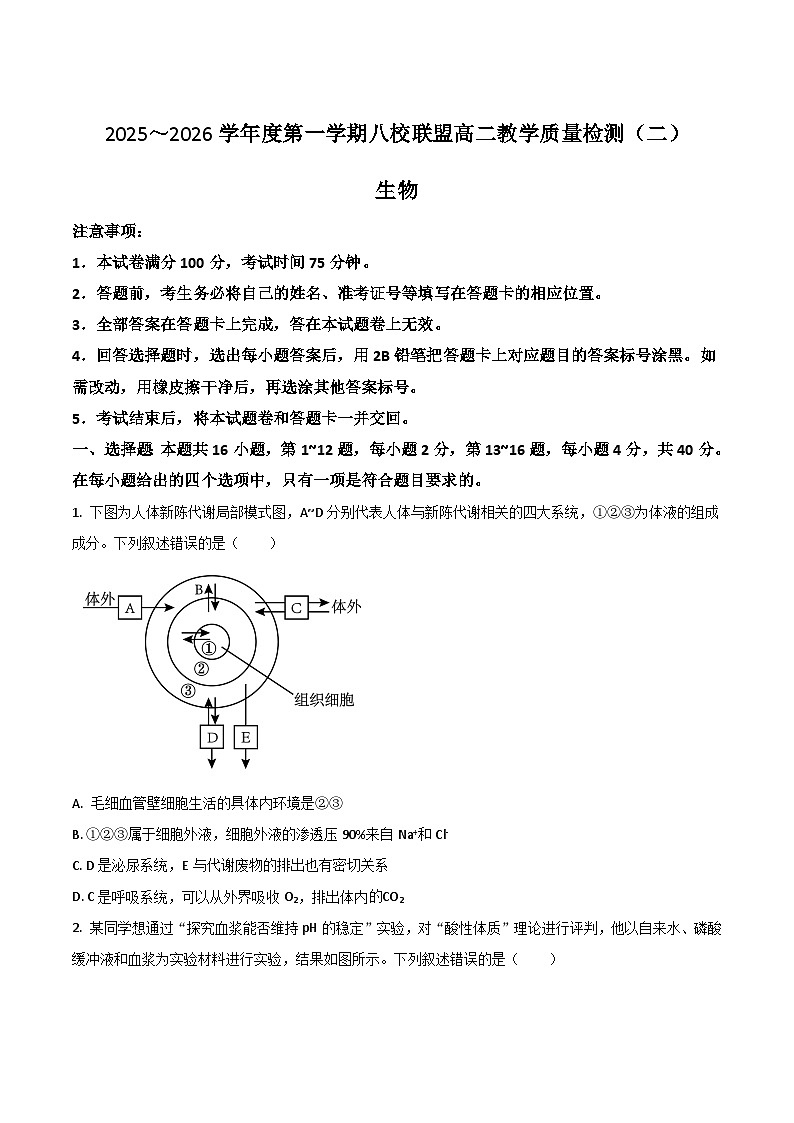 广东省八校联盟2025-2026学年高二上学期教学质量检测（二）生物试卷（Word版附答案）第1页