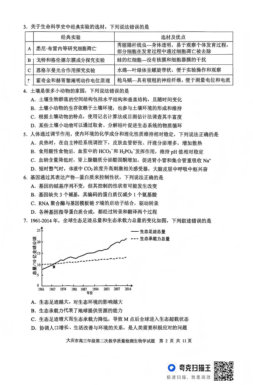生物-黑龙江大庆市2026届高三年级第二次教学质量检测试卷及答案第2页