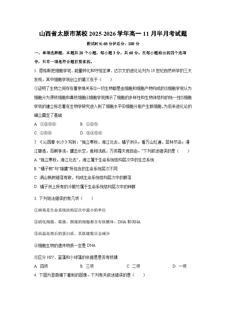 2025-2026学年山西省太原市某校高一上11月半月考生物试卷（学生版）第1页