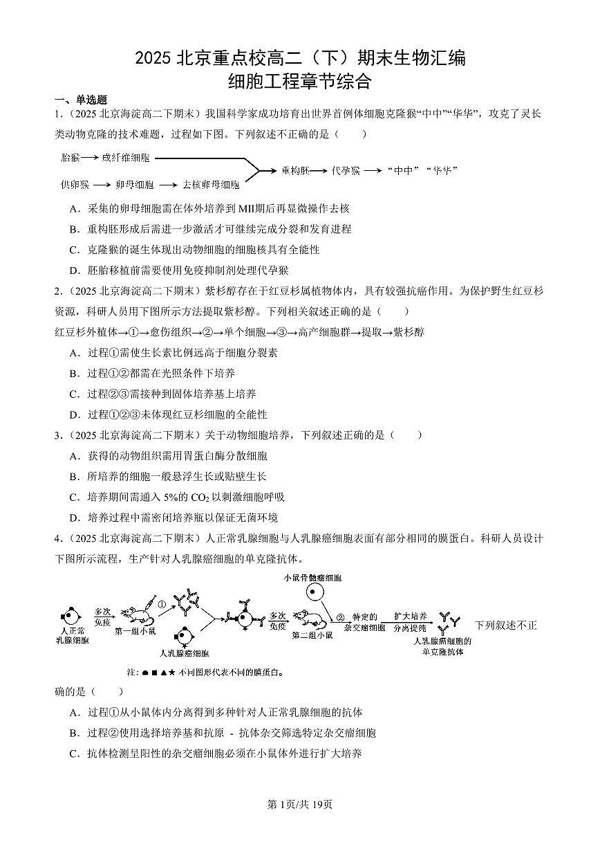2025北京重点校高二（下）期末生物汇编：细胞工程章节综合第1页