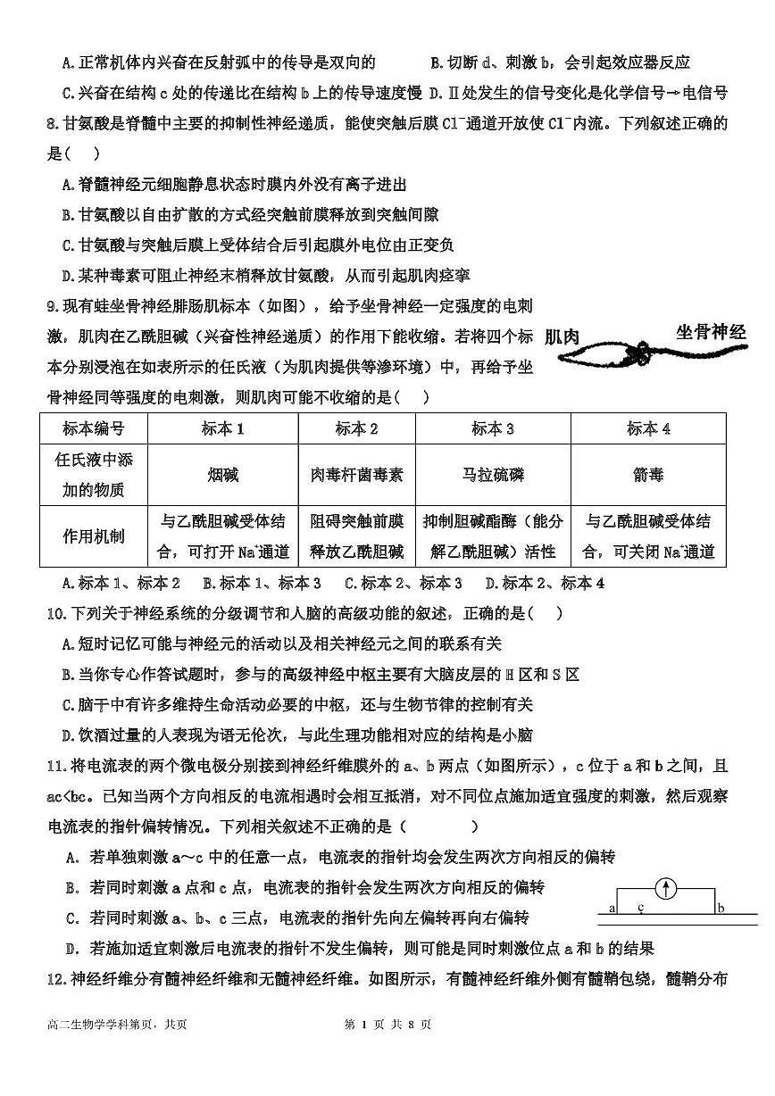 天津市武清区天和城实验中学2024-2025学年高二上学期第一次月考生物试卷第2页