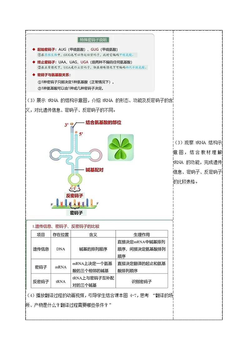 【同步授课教案】人教版高中生物必修二 遗传与进化第四章4.1.2遗传信息的翻译和中心法则（表格版）第3页