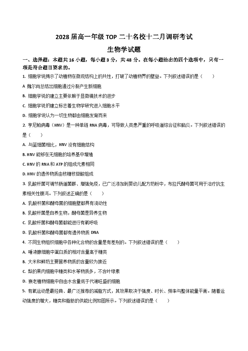 河南省TOP二十名校2025-2026学年高一上学期12月调研考试生物试卷（Word版附答案）第1页
