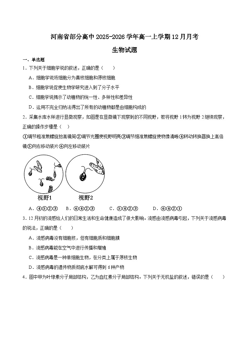河南省部分高中2025-2026学年高一上学期12月联考生物试卷（Word版附答案）第1页