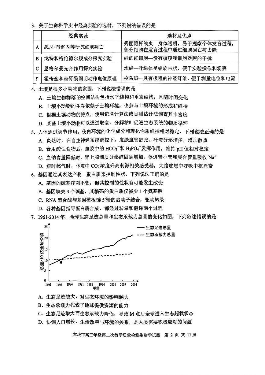 黑龙江省大庆市2026届高三上学期第二次教学质量检测生物试卷（PDF版附答案）第2页