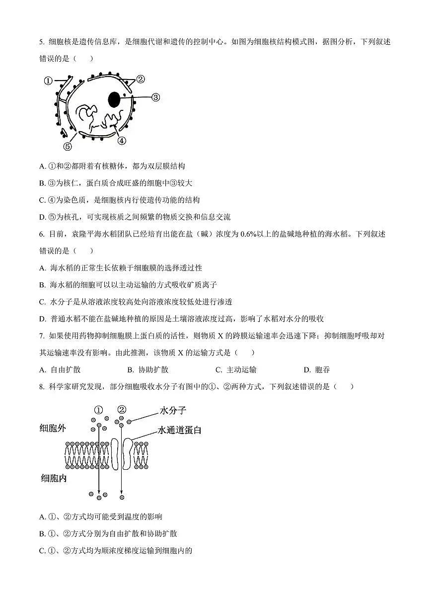 广西百色市2024-2025学年高一上学期1月期末生物试题 Word版无答案第2页