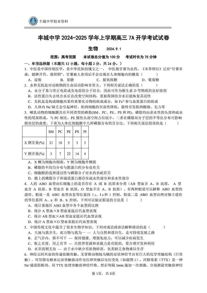 高三7A班生物开学考试试卷第1页