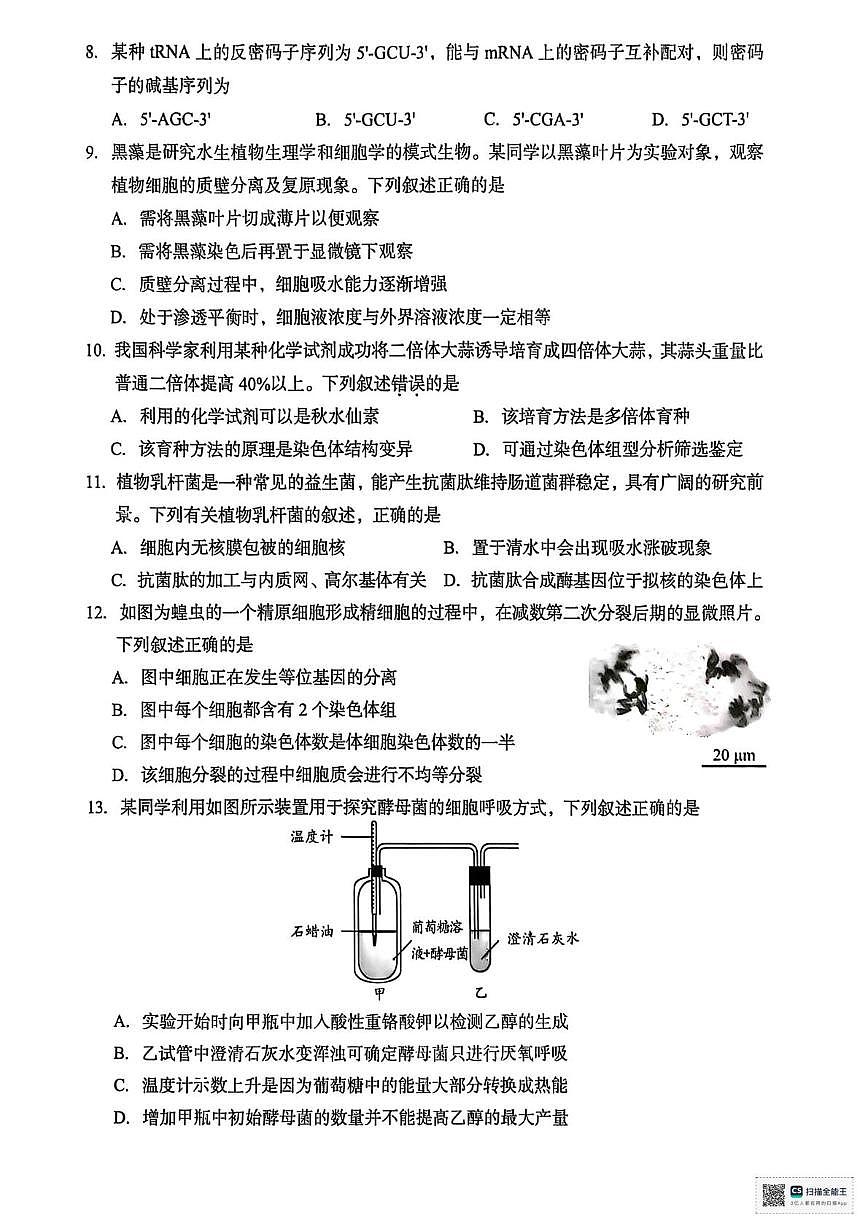 浙江省台州市2024-2025学年高一下学期期末考试生物试题（扫描版，有答案）第2页
