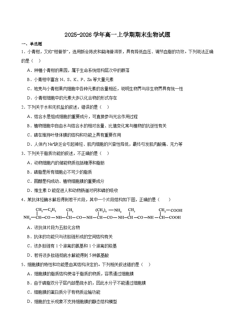 吉林省部分重点高中2025-2026学年高一上学期1月期末考试 生物（含答案）第1页