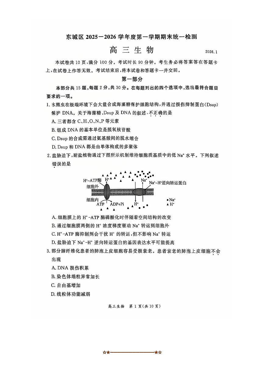 北京市东城区2025～2026学年高三上期末生物试卷(无答案)第1页