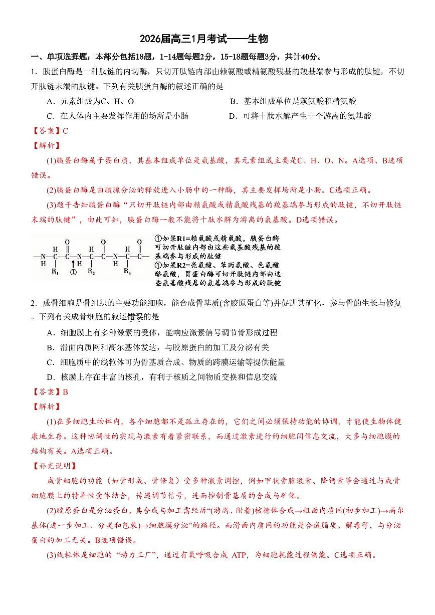 安徽省合肥一中2025-2026学年高三上学期1月考试 生物答案第1页