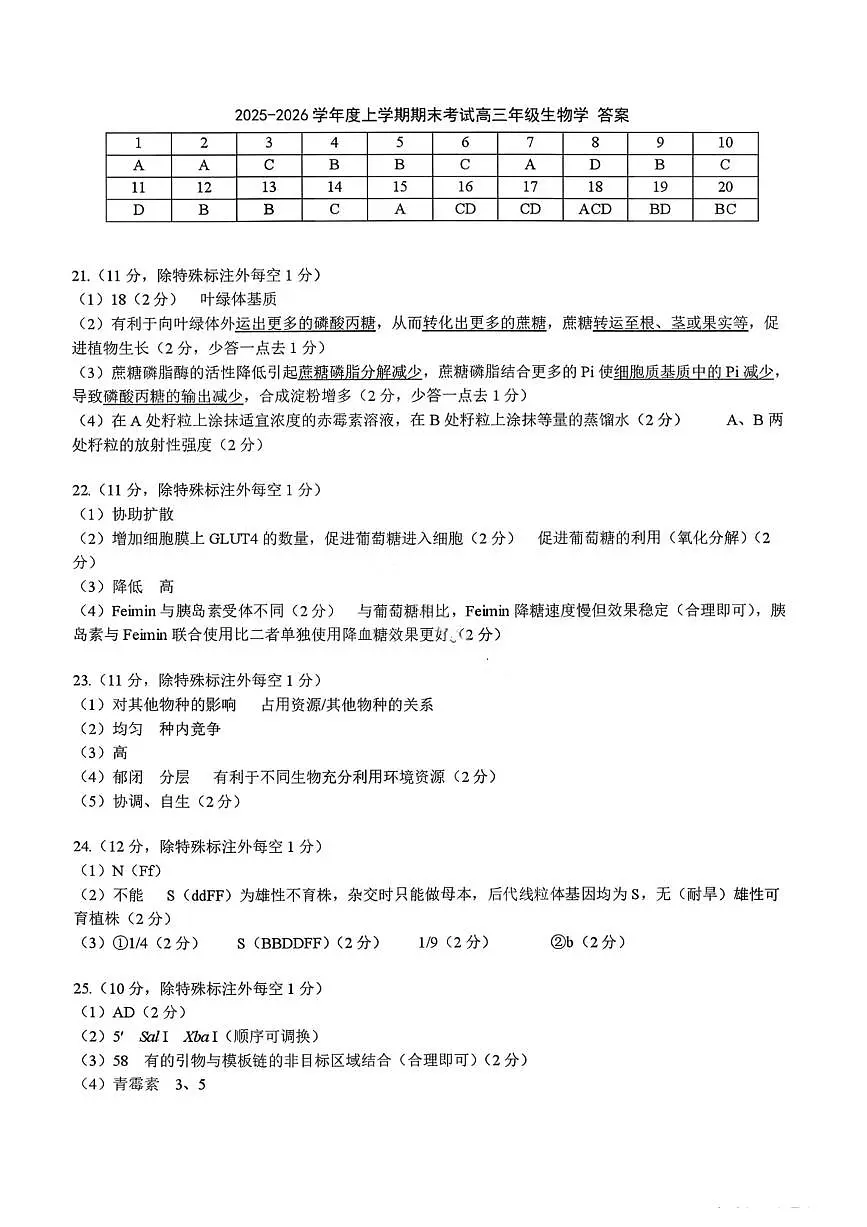 生物答案-2026届辽宁省五校联盟高三上学期期末考试试卷答案（东北育才省实验大连8、24中鞍山一中）第1页