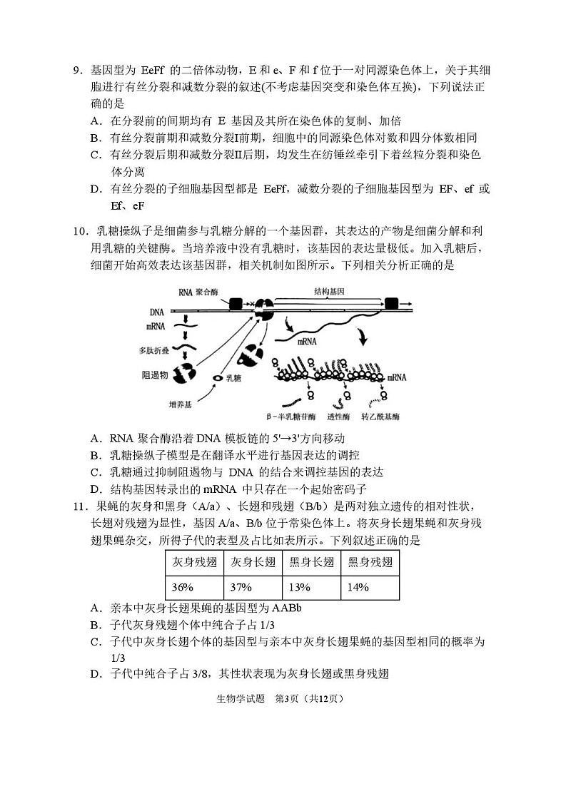 黑龙江省哈尔滨市第三中学2025-2026学年高三上学期期末考试生物试卷第3页