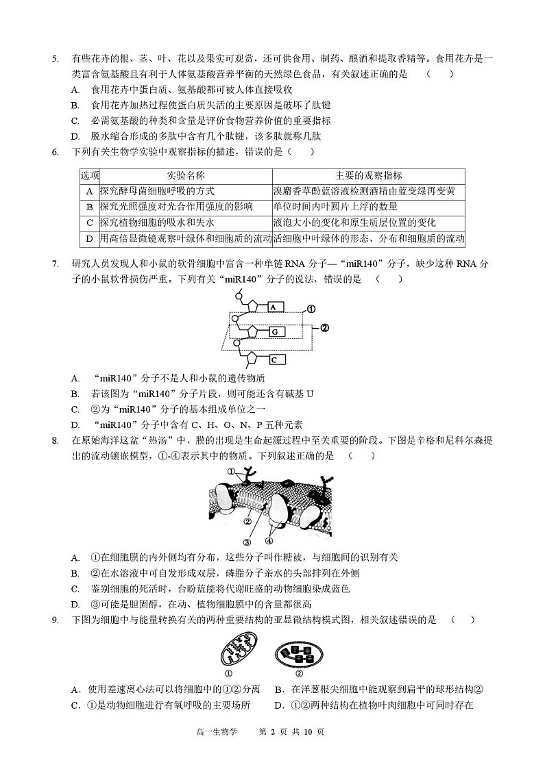 黑龙江省哈尔滨市2025-2026学年高一上学期期末学业质量监测生物试卷第2页
