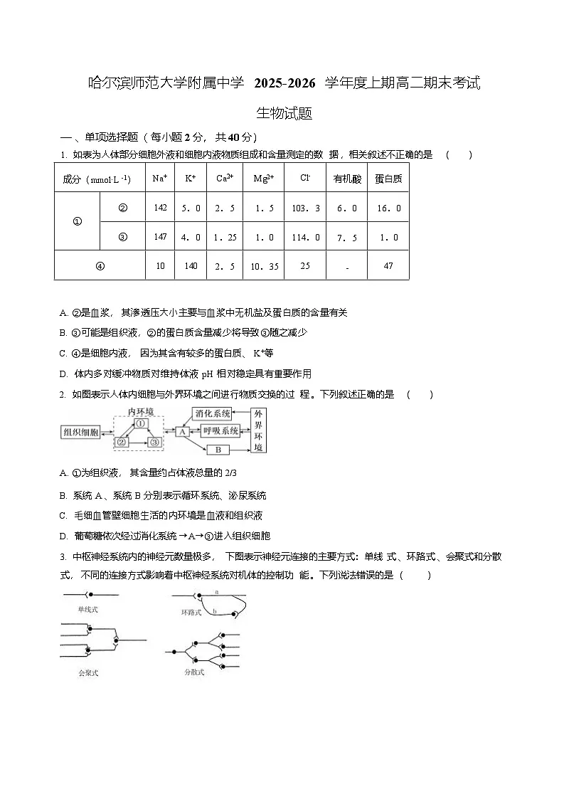 哈尔滨师范大学附属中学2025-2026学年高二上学期期末考试生物试题第1页