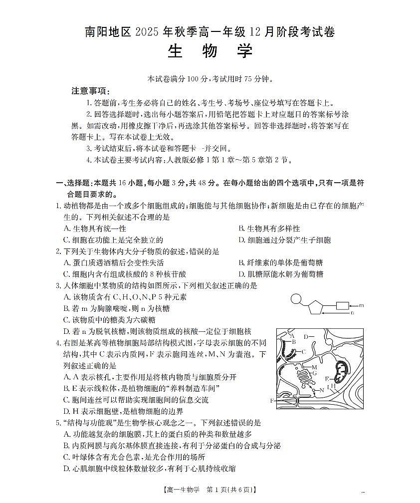 河南省南阳地区2025-2026学年高一上学期12月阶段考试卷（26-176A）生物第1页