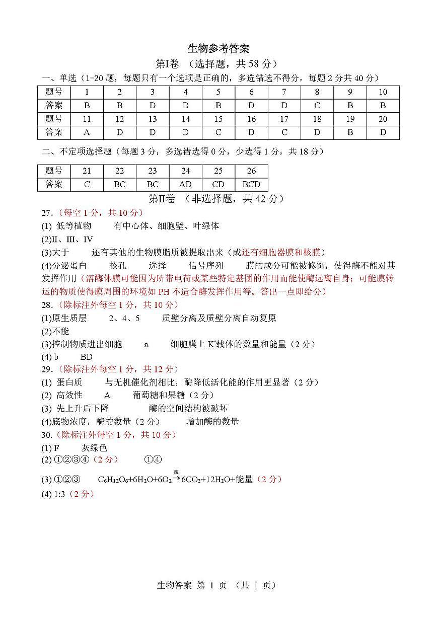 山东省枣庄市市中区枣庄市第三中学2025-2026学年高一上学期1月月考生物试题 答案 生物答案第1页