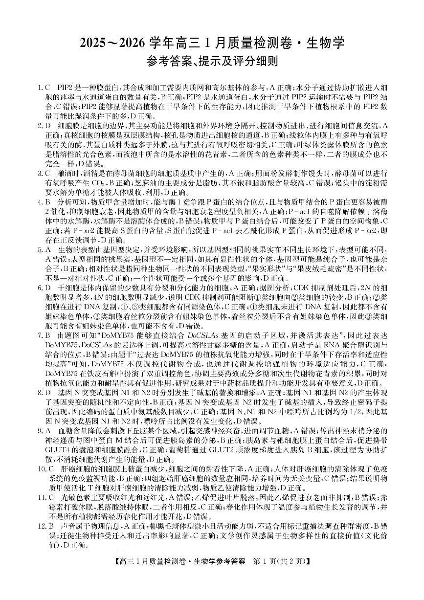 生物答案-卓越联盟2025-2026学年高三1月质量检测（26-X-312C）第1页