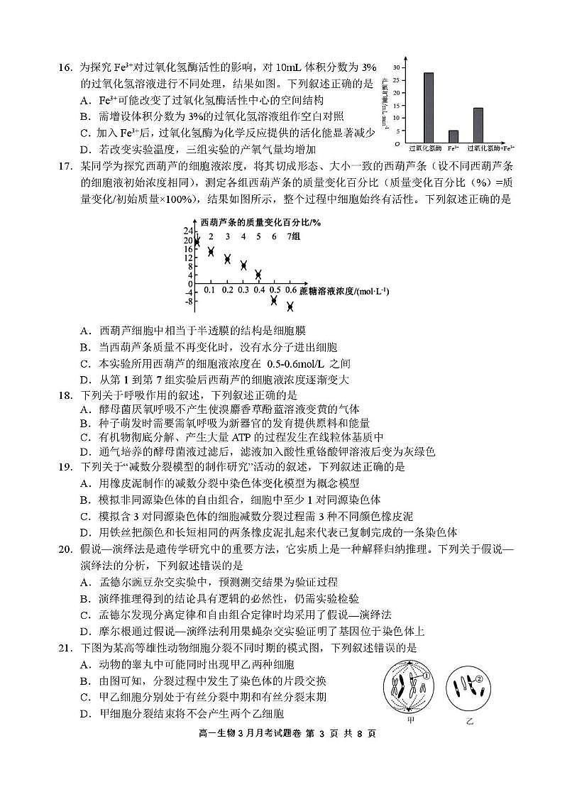浙江省四校联盟2024-2025学年高一下学期3月联考生物试卷（无答案）第3页