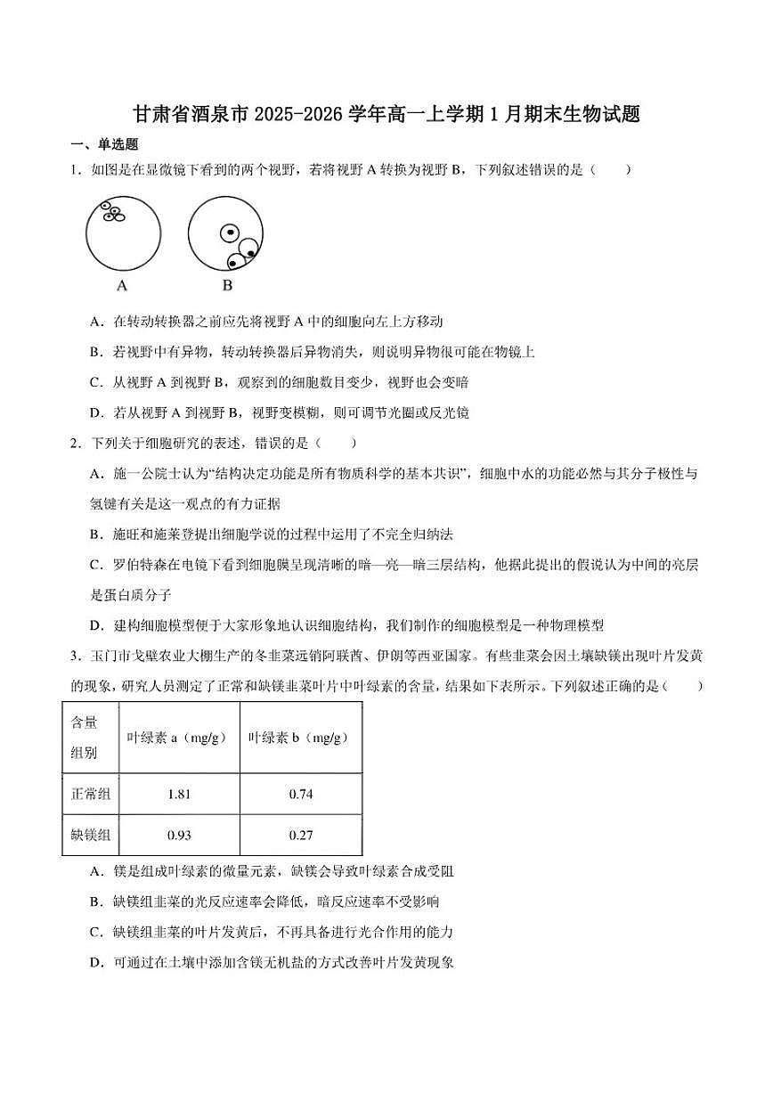 2025-2026学年甘肃省酒泉市普通高中高一上学期1月期末考试生物试卷（含答案）第1页