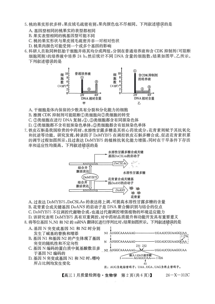山西三晋卓越联盟2025-2026学年高三1月质量检测生物试卷第2页