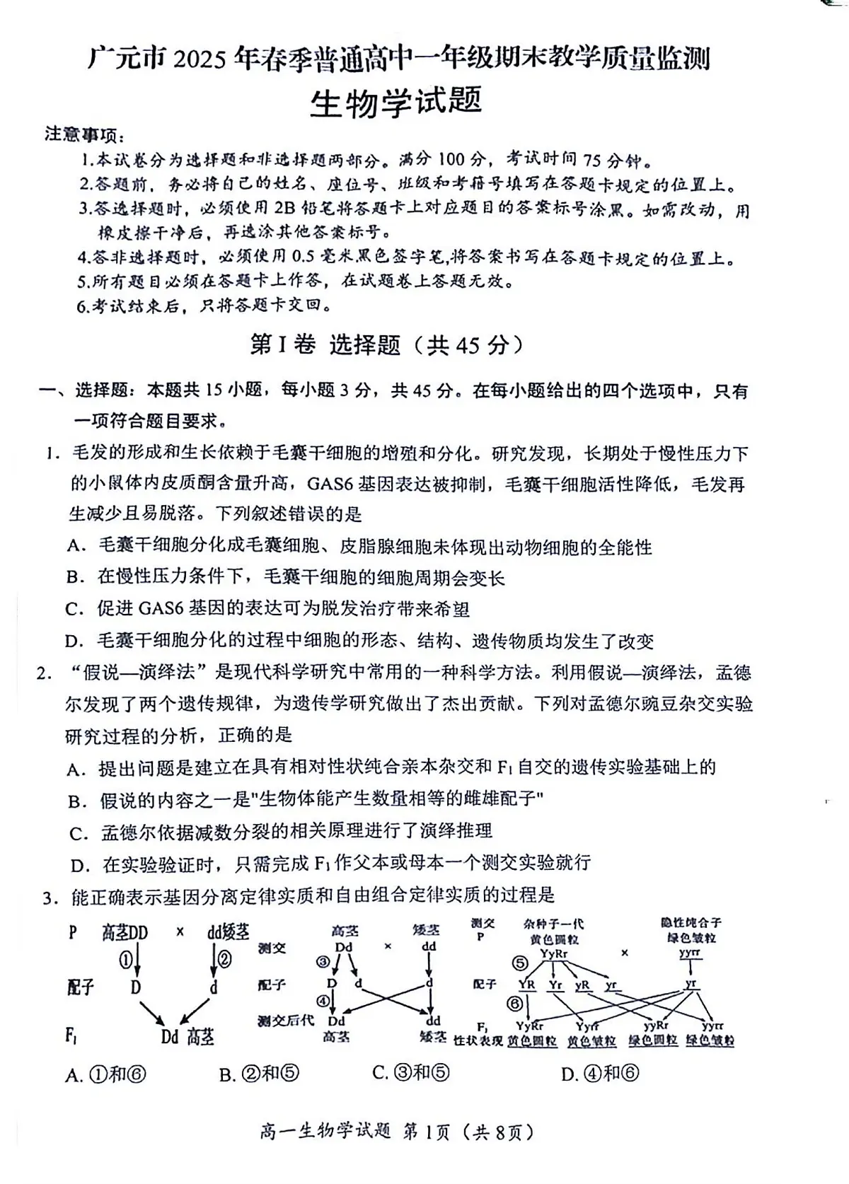 四川省广元市2024-2025学年高一下学期7月期末生物试题（无答案）第1页