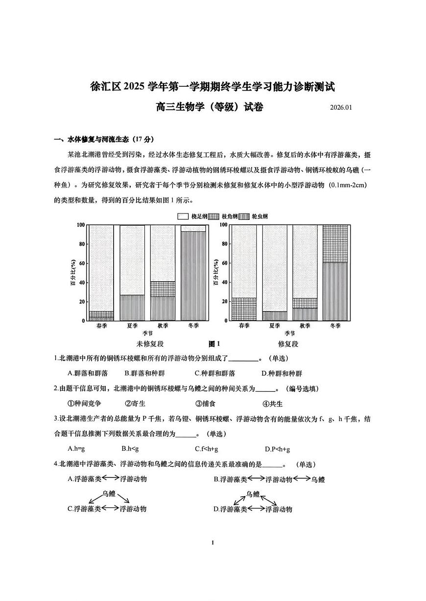 上海市徐汇区一模2026届高三第一学期学习能力诊断测试 生物试题+答案第1页